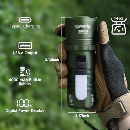 WARSUN SP07S Rechargeable LED Flashlight High Lumens ? 2800 Lumens Zoomable Spotlight, Warm Side Light, 7 Modes Including Cool White, Warm, Red, 6000mAh Battery, Power Display, for Camping