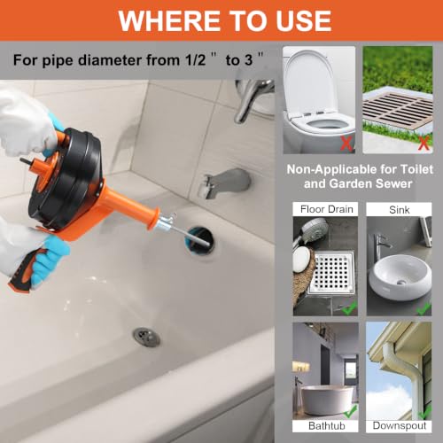 BACEYIOU Orange Drain Auger with Drill Adapter 25ft Flexible Plumbing Snake for Kitchen & Bathroom Clogs