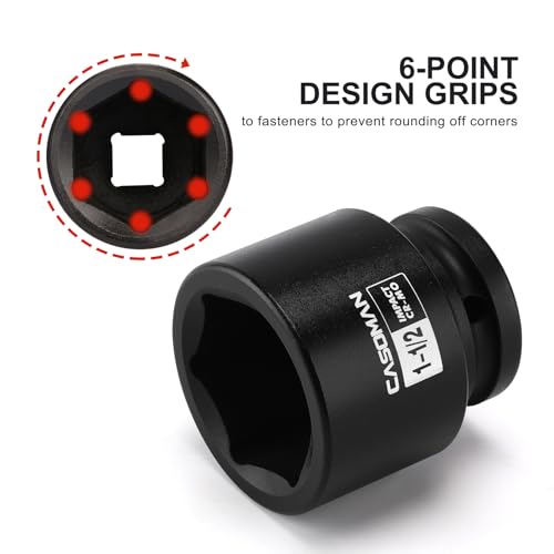 CASOMAN 3/4"Drive x 1-1/2" Shallow Impact Socket, Jumbo Impact Socket, SAE, 6-Point, CR-MO, Black Phosphate Finish