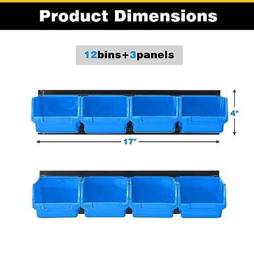 Ultrawall Wall Mounted Storage Bins, Plastic Hanging Storage Organizer Bins, Garage Tool Storage System for Screws, Nuts, Bolts, Nails, and Small Hardware Parts, 12x bins & 3 x rails, Blue