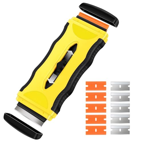 DEKEones Razor Blade Scraper, 1 Pack?2-in-1 Scraper Tool with 5Pcs Plastic Blades and 5 Pcs Metal Blades, Multifunctional Cleaning Razor Scraper for Stickers, Decals, Cooktop, Oven£¨Yellow£©