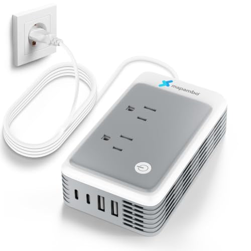 Mapambo Grey 220V to 110V Travel Voltage Converter for Europe, 6-in-1 Power Adapter with USB-C & USB-A Ports