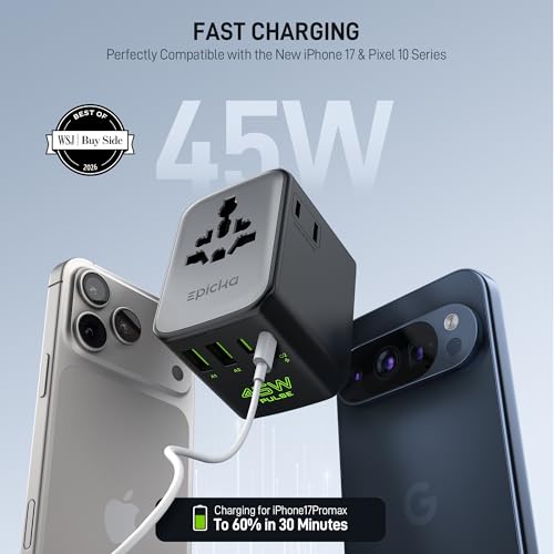 EPICKA Pulse Duo 45W Travel Adapter Black - Universal Power Charger with USB-C & USB-A Ports