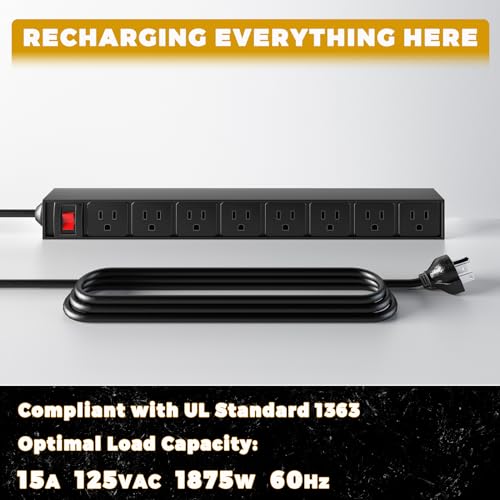 KAFAHOM Power Tool Organizer with Charging Station, Built in 8 Outlet Power Strip,Large 8 Drill Holder Wall Mount, Heavy Duty Metal Power Tool Storage Rack Tool Shelf for Garage Organization Black