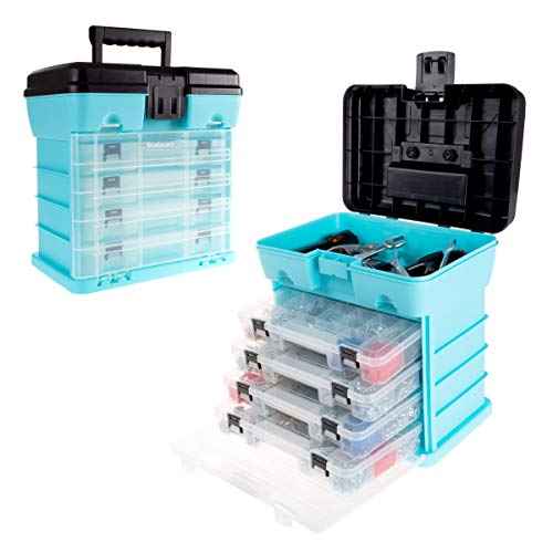 Portable Tool Box - Small Parts Organizer with Drawers and Customizable Compartments for Hardware, Tackle, Beads, or Crafts by Stalwart (Light Blue)