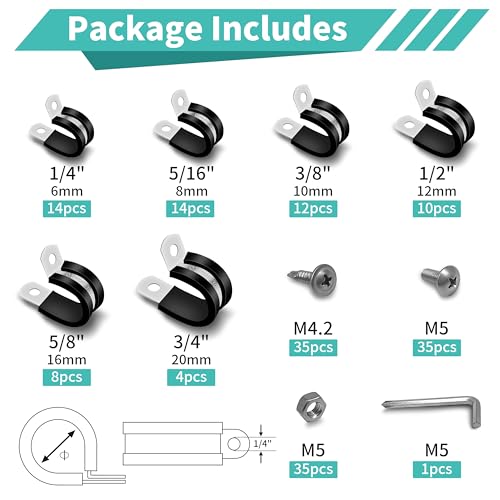 168Pcs 304 Stainless Steel Cable Clamps Kit, 6 Sizes (1/4"-3/4") Pipe Clamps with Rubber Cushioned Insulation, Wire Clamps for Electrical Wiring, Includes Screws & Screwdriver