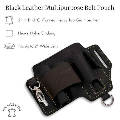 FESA Leather Multitool Sheath for Belt - Leather EDC Pouch Organizer for Tactical Pocket Knife, Flashlight & Pen - with Swivel Snap Hook - Work & Everyday Use Utility EDC Belt Pouch for Men