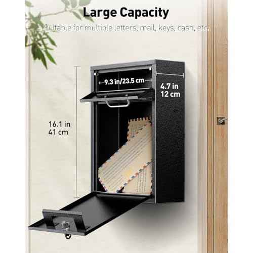 Uniclife Wall Mount Mailbox for Outside, Heavy Duty Locking Mailboxes, Large Mailbox with Key Lock, Security Mail Box, Safe Key Drop Box, Post Box, Steel Cash Drop Box for Home Office School, Black
