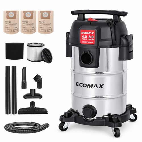 ECOMAX 8 Gallon Ultra Quiet Stainless Steel Shop Vacuum Wet Dry Cleaner