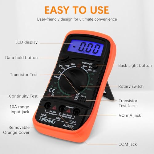 Orange & Black Digital Multimeter Volt & Current Tester 2000 Counts with Leads Backlight LCD