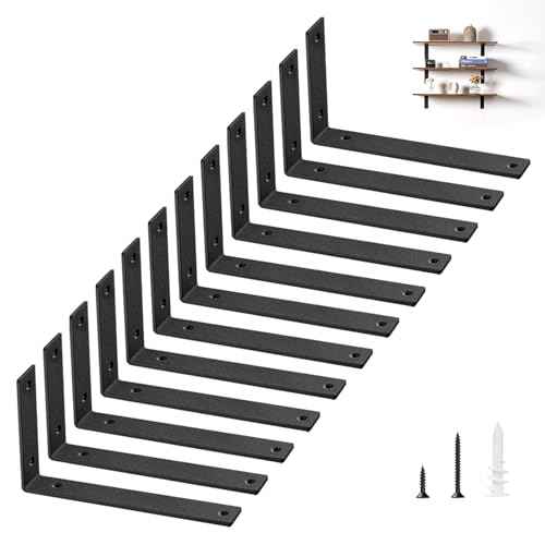 Shelf Brackets Heavy Duty 14 Inch Black L Brackets for Shelves 12 Pack 5mm Thick Wall Mounting Floating Metal Iron Shelf Support for Wood with Screw