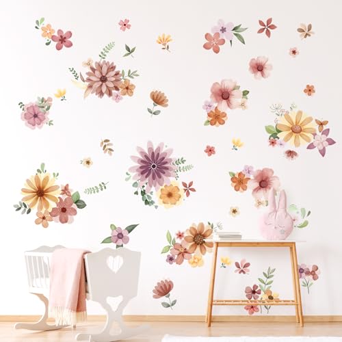 Retro Boho Wildflower Wall Stickers, Vintage Garden Floral Wall Decals 7 Sheets DIY Peel and Stick Wall Decal Self Adhesive Home Decor for Bedroom Offices Sofa TV Backdrop Wall