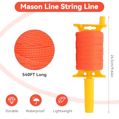 Mason Line String with Handle ? Twisted #18 540 FT Reloadable Line Reel, Braided Nylon Construction Line with Handle, Fluorescent Orange for Pure Alignment in Gardening, Masonry, DIY, Kite Twine