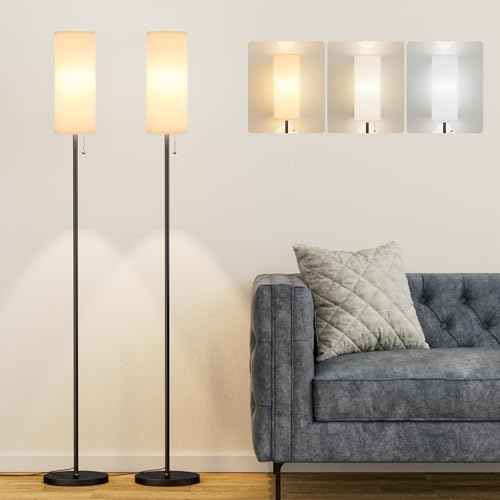 Ambimall Floor Lamp with 3 Color Temperatures Bulb Set of 2, 64" Standing lamp with Linen lampshade for Bedroom, Minimalist Pole Lamp, White Shade & Black Pole