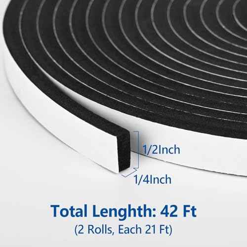 Kikerike Self Adhesive Foam Tape Weatherstrip 1/2In x 1/4In x 42Ft High Density Foam Insulation Strips Seal Weather Stripping with Strong Adhesive for Door and Window Sound Isolation Soundproofing