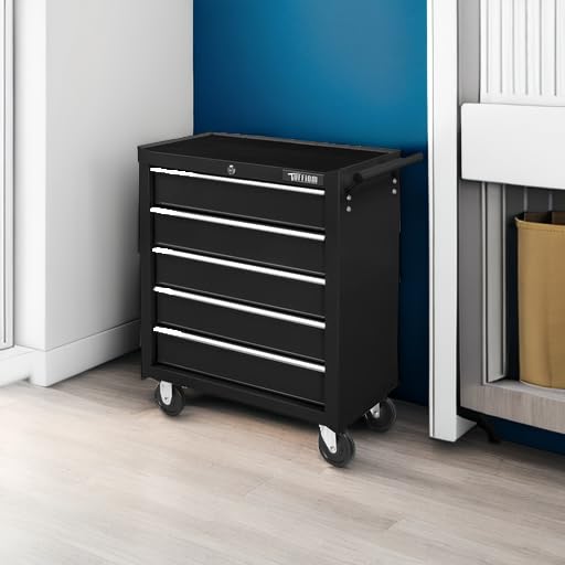 TUFFIOM Black 5-Drawer Rolling Tool Chest with Lockable Wheels, Top Cushion & Drawer Liners