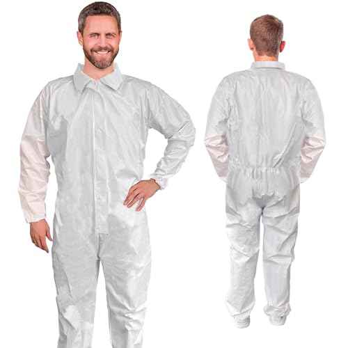 AMZ Medical Supply White Disposable Coverall for Men/Women, Large. Painters Coverall. Unisex Hazmat Suit Disposable. 60 GSM Microporous Paint Suit with Zipper, Elastic Wrists & Ankles