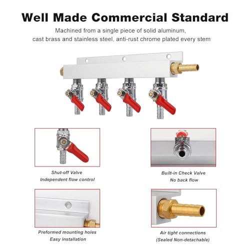 Ferroday 4 Way Gas Manifold with 5/16" Barbed Fittings & Individual Check Valves