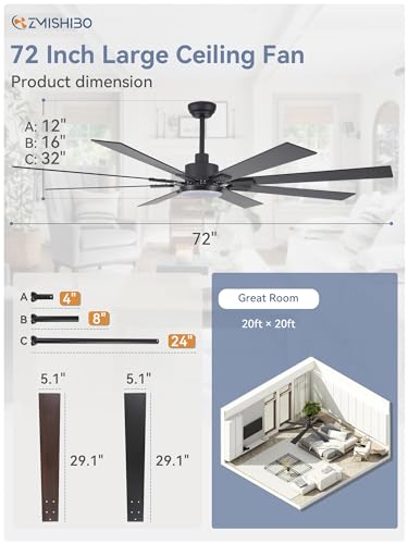 ZMISHIBO 72-Inch Ceiling Fan with Lights, Black & Walnut Finish, Remote Control