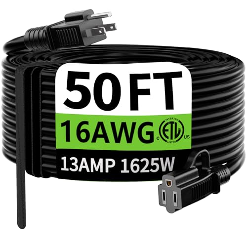 50 FT Waterproof Black Extension Cord 16/3 Gauge Indoor Outdoor Power Cable