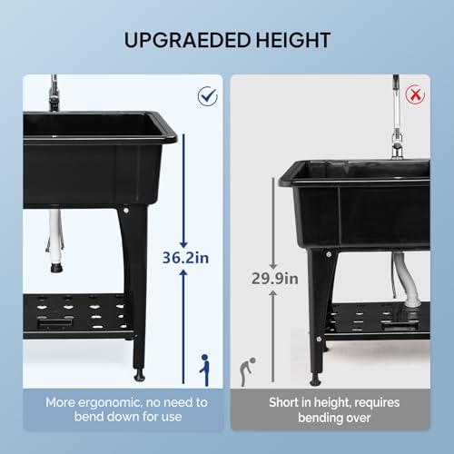 ROVSUN 20-Gallon Black Utility Sink with Hot & Cold Faucets, 36.2" Height, 32"L×23"W, Heavy-Duty Laundry & Garage Basin