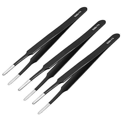 uxcell ESD-13 Tweezers, Anti-Static Stainless Steel Non-magnetic Blunt Tip for Craft Jewelry Electronics, 4.8" Overall Length 3 Pcs