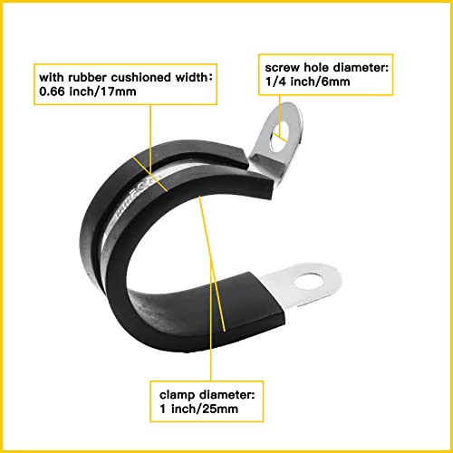 12pcs 1 inch (25mm) Cable Clamps, Stainless Steel Wire Clamps, Rubber Cushioned Insulated Clamp Metal Conduit Clamp for Pipes, Tubes, Hose, Wiring, Cables