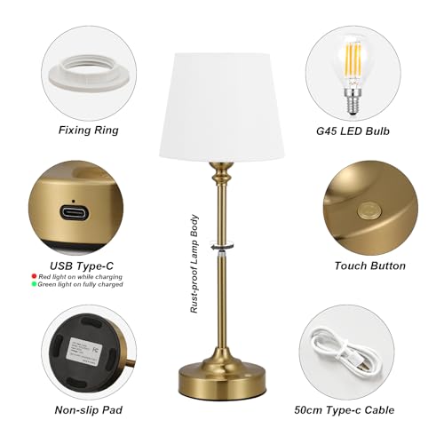 Kakanuo White and Gold Cordless Table Lamp with Rechargeable Battery, 15.8in Empire Shade