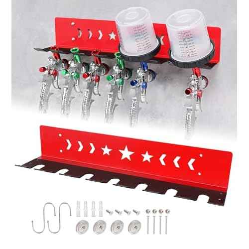 Paint Spray Gun Rack for Magnetic or Wall Mount, Holds 7 Gravity Feed Guns or 4 with Cups, Heavy-Duty Steel Paint Organizer with S-Hooks for Garage, Body Shop or Workshop, Red