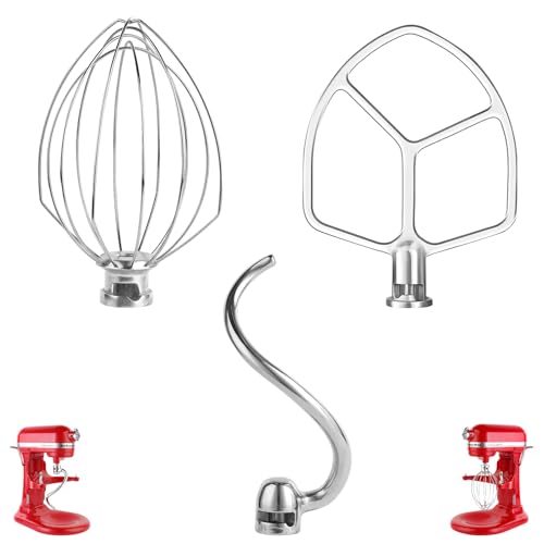 Stainless Steel 3-Piece KitchenAid Mixer Attachment Set with Whisk, Dough Hook & Flat Beater (Fits 5 Plus/6 Qt)