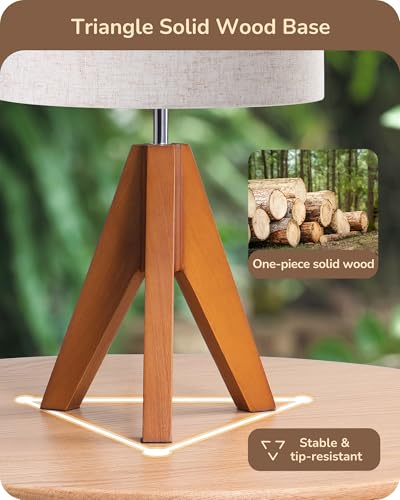EDISHINE Small Tripod Bedside Lamp with Light Brown Wooden Finish, 14.2 Inch, E26 Base