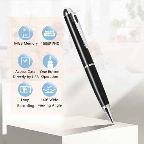 1080P Camera Pen, 64G Nanny Cam, Portable Body Cameras with Loop Recording, Rechargeable Video Camera for Home, Office-One Button Surveillance Cameras