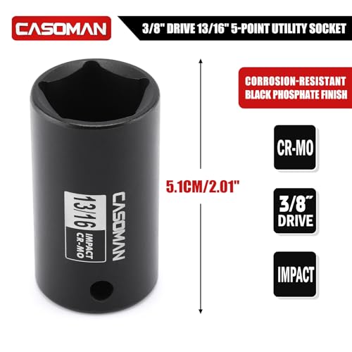 CASOMAN 3/8" Drive 13/16" 5-Point Impact Grade Utility Socket, CR-MO, Removes and Installs Penta Nuts and Bolts