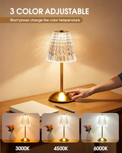 Gold Cordless Touch Table Lamp - Rechargeable Crystal Desk Light, Modern Accent Lighting