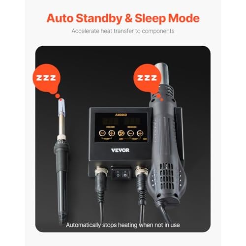 VEVOR 2-in-1 Hot Air Rework Station & Soldering Station, 750W Digital Rework and Soldering Iron Station with Adjustable Temps & Airflow, ¡É/¢µ Conversion, 3 Hot Air Nozzles for Electronics Repairing