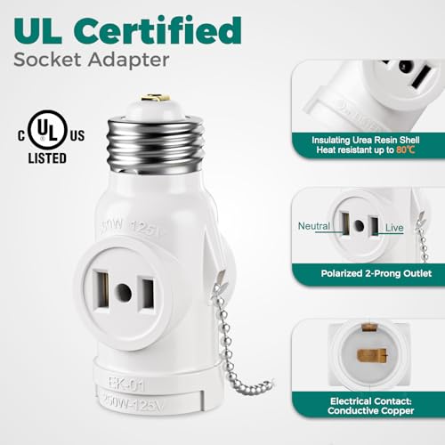 DiCUNO 2-Pack UL Listed E26 Light Socket to Plug Adapters with 15.75" Pull Chain - White