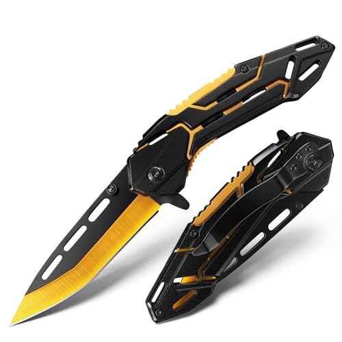 EDC Folding Pocket Knife for Men - Outdoor Survival Knife for Camping Hiking, Cool Gadgets Gifts for Dad/Him/Husband, Stocking Stuffers (Golden Black)