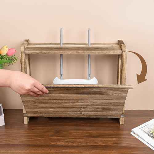 Wooden Router Shelf Wall Mount WiFi Router Storage Box Modem Cable Router Cover Organized Power Strip Cable Management Hider Rack 14.9 * 9.8 * 5.6 in (L* H * W)