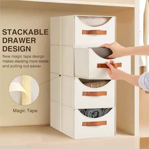 Stackable Storage Drawers - Collapsible Storage Bins with Drawers, 4 Pack Closet Shelf Organizer Basket, Fabric Pull Out Organizer for Bedroom, Living Room, Dorm, Beige