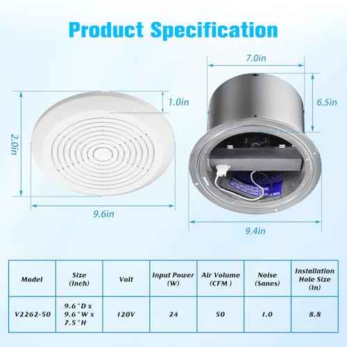 V2262-50 7 Inch Bathroom Exhaust Fan, 1.0 Sones, 50 CFM Ceiling Exhaust Fan, for 8" Opening, Quiet Effective Ventilation for Bathroom, Laundry Room, Kitchen, Mobile Home