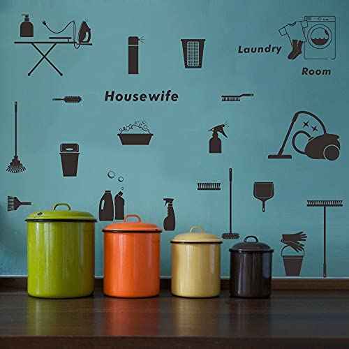 Housewife Laundry Room Wall Decal - Removable PVC Wall Sticker for Ironing and Cleaning Room - Fun and Motivational Laundry Room Decor with Cleaning Theme JWH148 (Black)