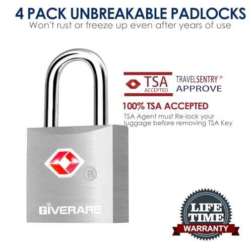 4 Pack TSA Approved Travel Luggage Locks with Keys, Aluminum Alloy Keyed Padlock, Small Metal Suitcase Lock, Weatherproof Padlocks for Backpack, Gym Locker, Bag, Case, Jewelry Box, Anti Theft-Silver