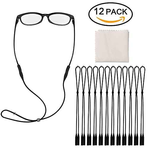 Hifot Adjustable Eyeglasses Strap Eyewear Retainer 12 Pack with Glasses Cleaning Cloth, Silicone Sunglasses Holder Strap, Eyeglasses Retainer Black