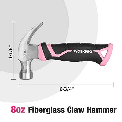 WORKPRO 8 oz Claw Hammer with Fiberglass Handle, All Purpose Hammer with Forged Hardened Steel Head, Pink Ribbon