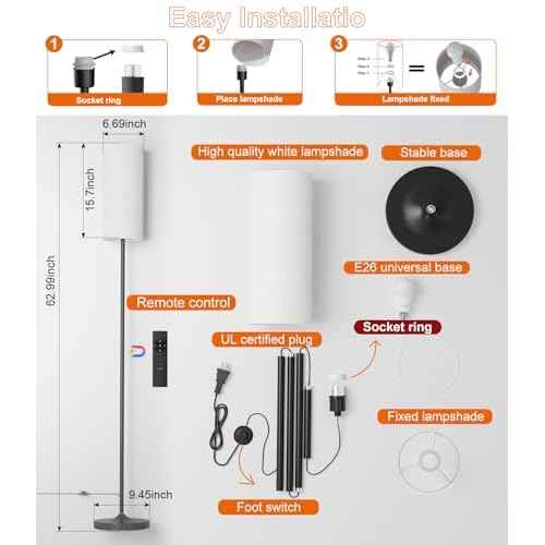 luckystyle Dimmable Floor Standing Tall Lamp, 12W Led Bulb with Lampshade, Foot Switch, Remote Custom Color Temperature Pole for Bedroom, Office, Kids & Living Room, Black