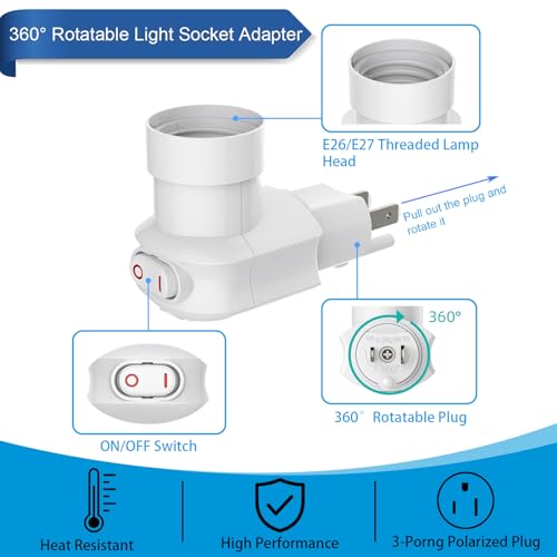 MIKWOAB 2 Pack White Outlet to Socket Adapter with 360° Rotatable E26/E27 Light Socket and On/Off Switch - Light Socket Version