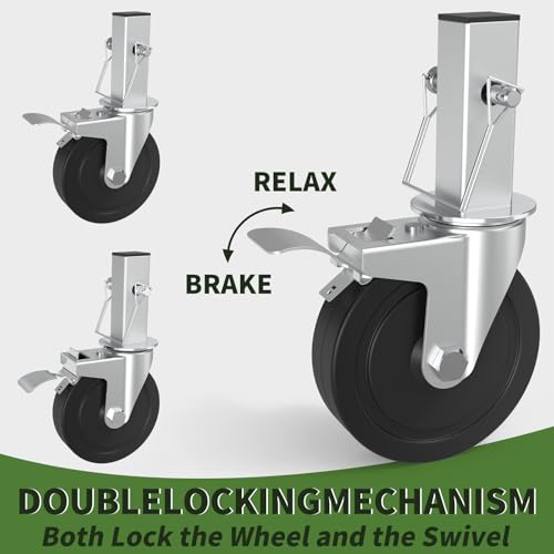 OK5STAR 5 Inch Steel Scaffold Wheels Set of 4 with Dual Locking Brakes and Square 1-1/4" Stem