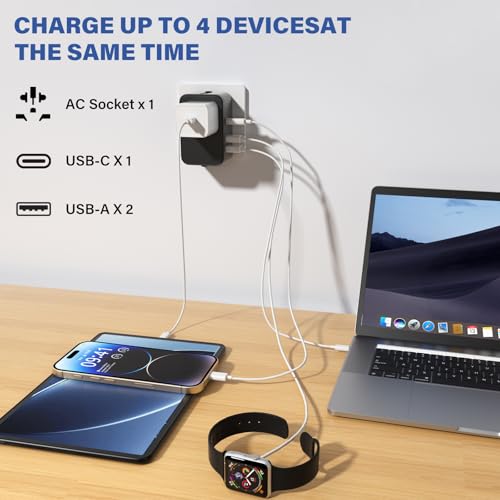 EFISH Black Travel Power Adapter with 2 USB-A + 1 USB-C, Universal Travel Plug Converter