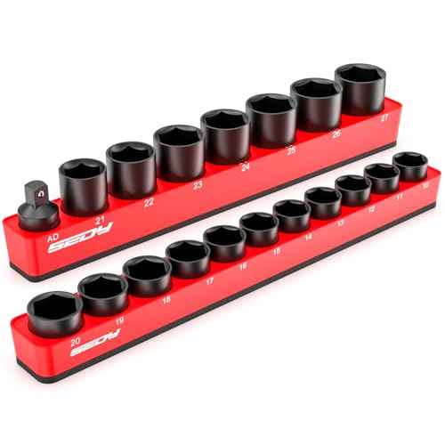 2-Piece 1/2"-Drive Metric Magnetic Socket Organizer Set (Holds 19 Sockets) - Detachable Tool Tray with 5mm Magnetic Base, Screw-Fixed Design & Heavy-Duty Modular Storage for Garage/Home Workshop