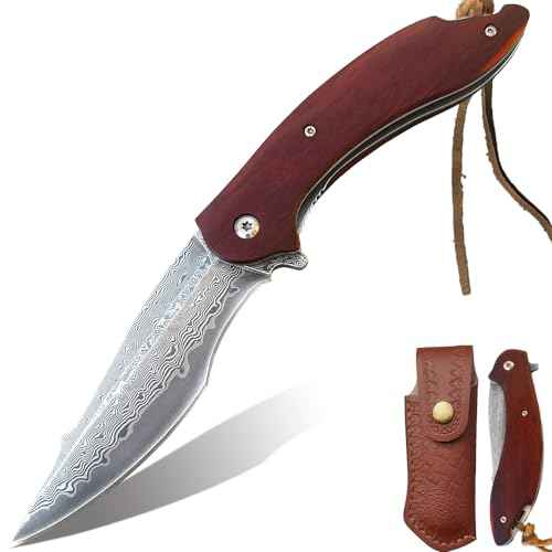 Damascus Pocket Knife, VG10 Damascus Steel Folding Knife with Wood Handle, Liner Lock, Leather Sheath, EDC Knife for Camping Outdoor Survival Hunting